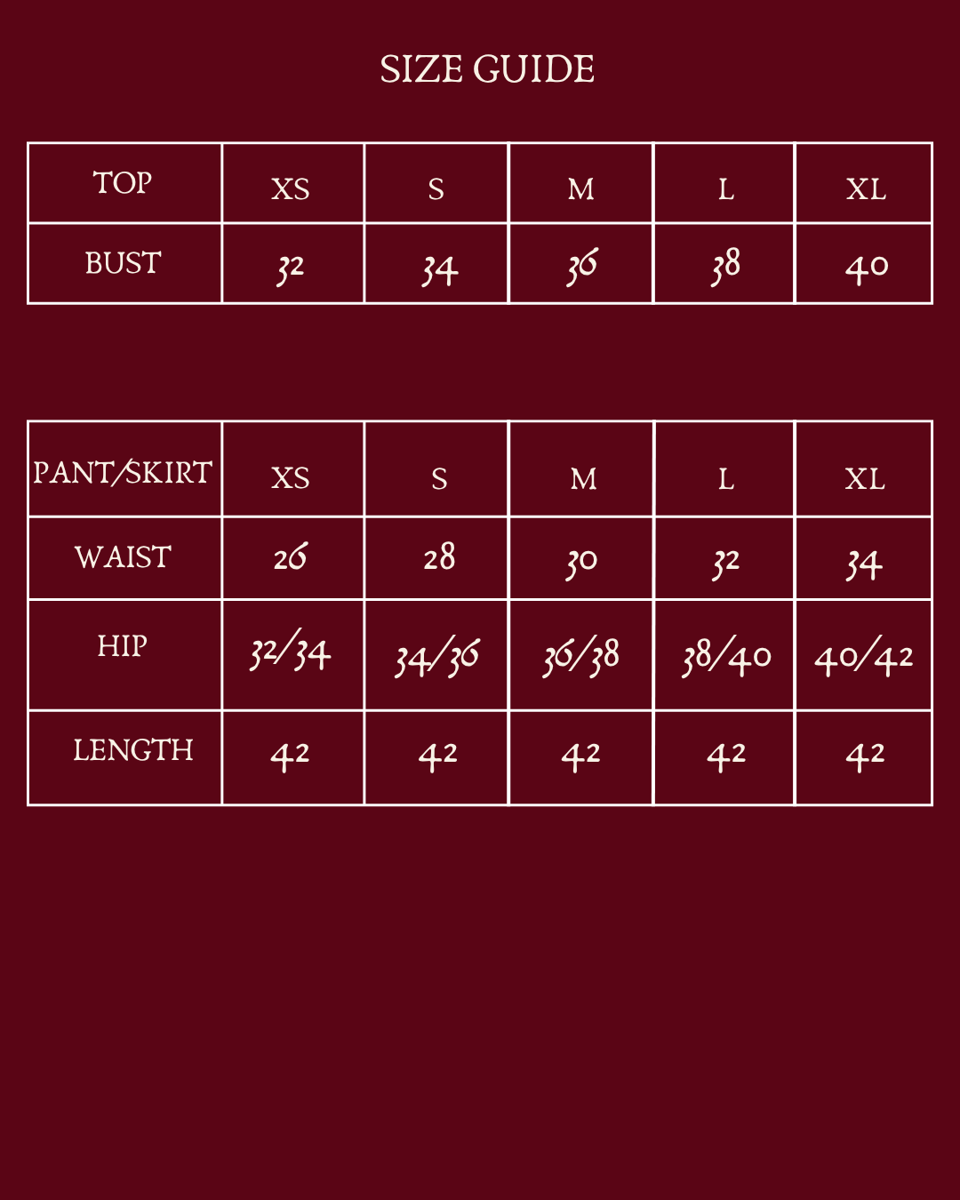 Size guide for Siren Set